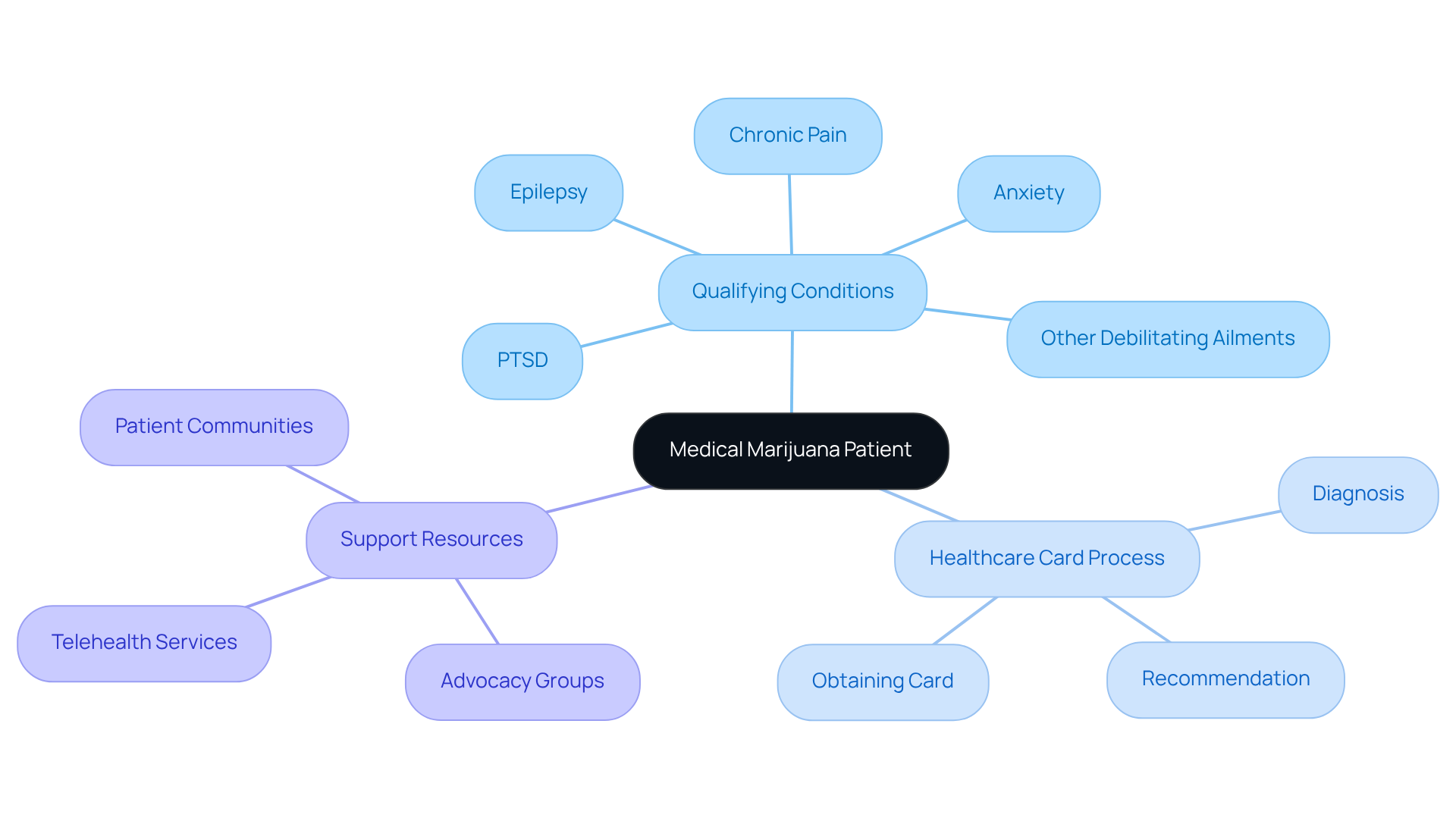 The center represents the main idea of being a medical marijuana patient. Each branch explores key topics related to this classification, helping you see how they connect and what you need to know. The center represents the main idea of being a medical marijuana patient. Each branch explores key topics related to this classification, helping you see how they connect and what you need to know.