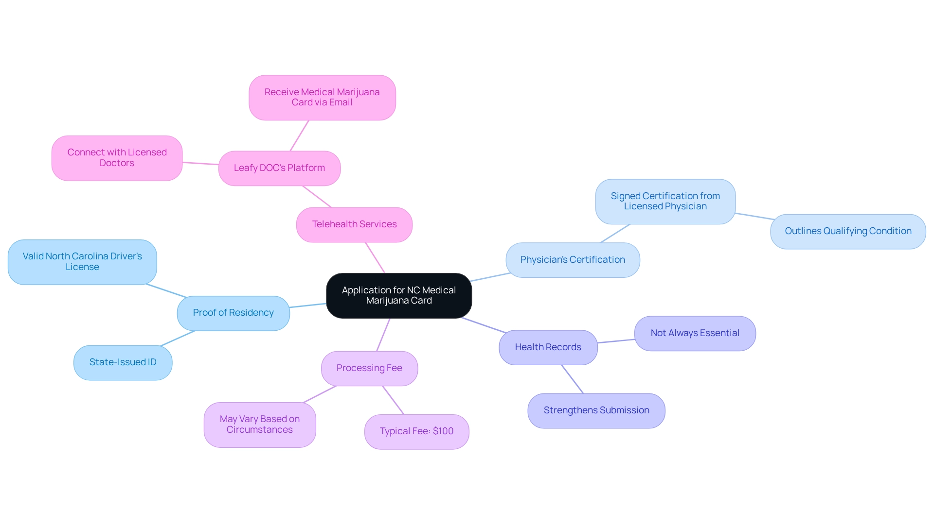 At the center is the application process. Each branch represents a specific document or fee you need to gather. The sub-branches provide details about each requirement, helping you understand what to prepare.