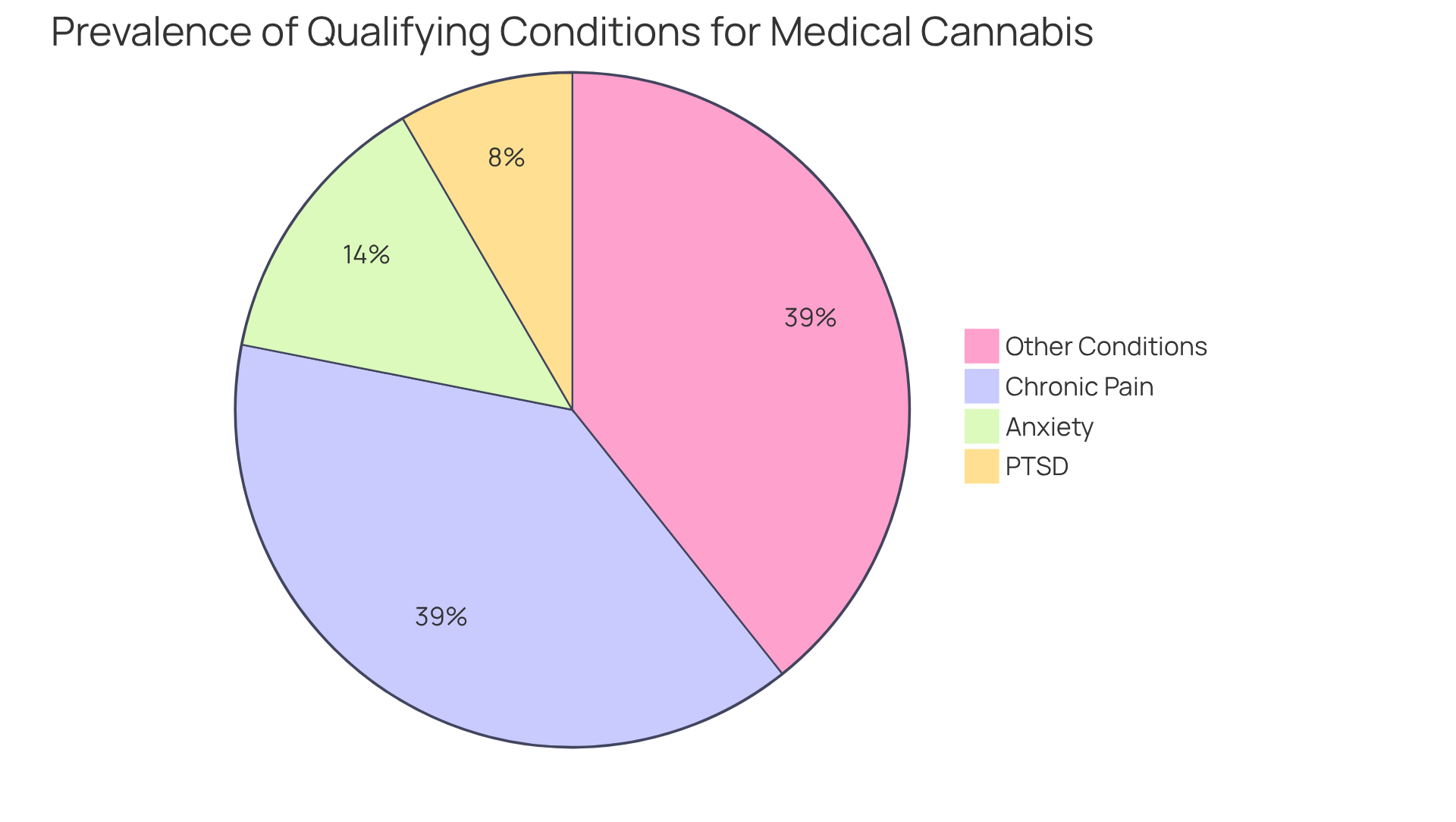 Each slice represents a condition that may qualify individuals for medical marijuana. The size of each slice shows how common that condition is compared to others in the group.