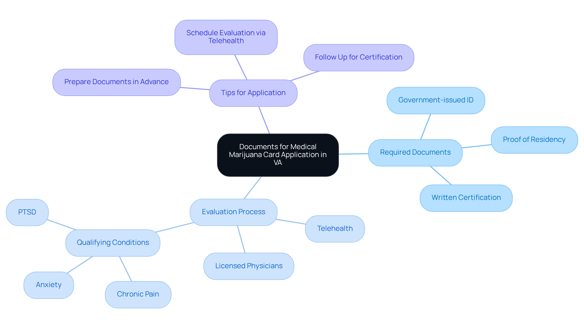 The central node shows the main goal of the application, with branches for the required documents and steps involved. Each sub-branch gives more detail about what’s needed or what to expect during the evaluation. The central node shows the main goal of the application, with branches for the required documents and steps involved. Each sub-branch gives more detail about what’s needed or what to expect during the evaluation.