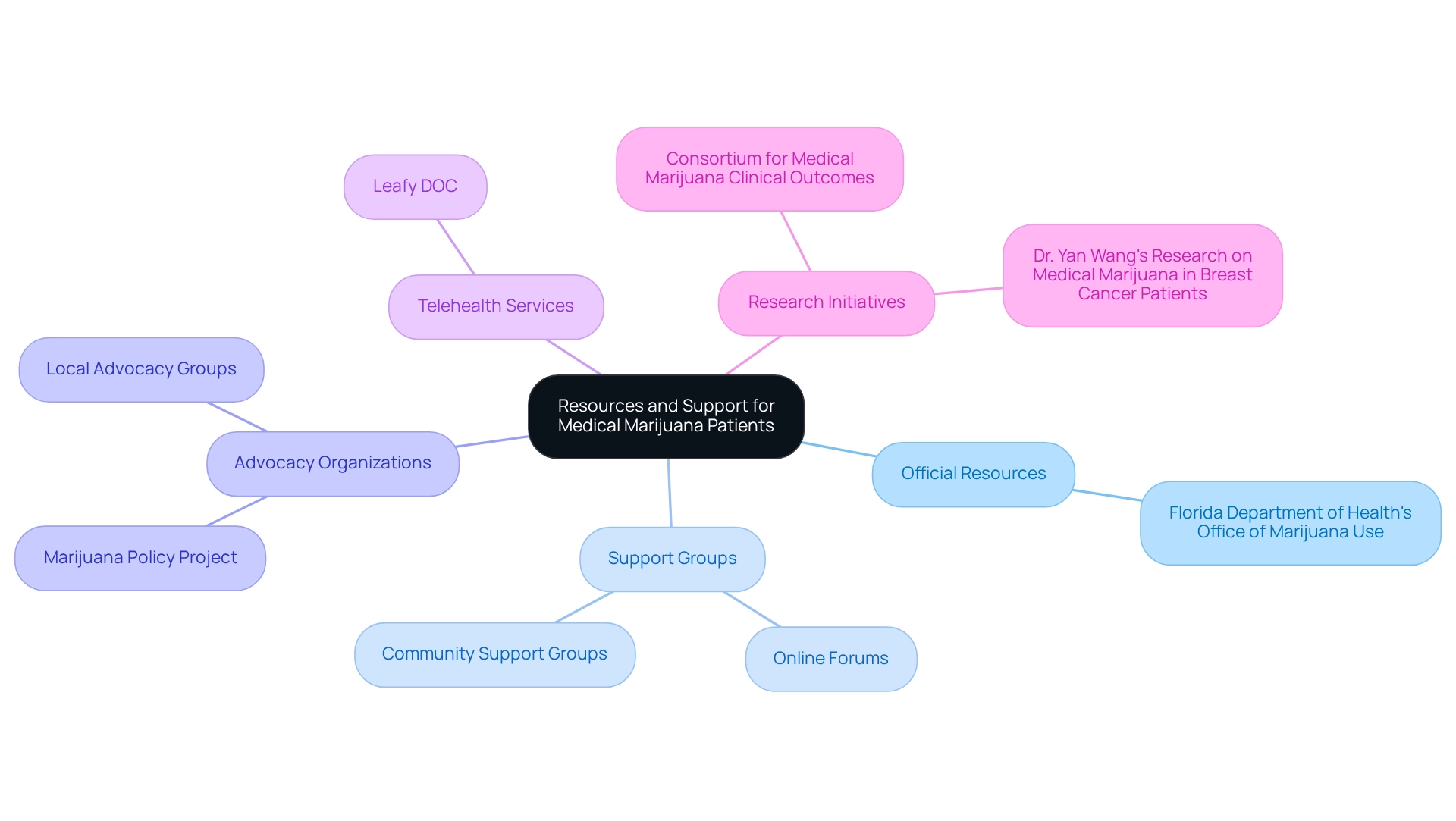 Each main branch represents a category of resources, with sub-branches detailing specific organizations or services related to that category.