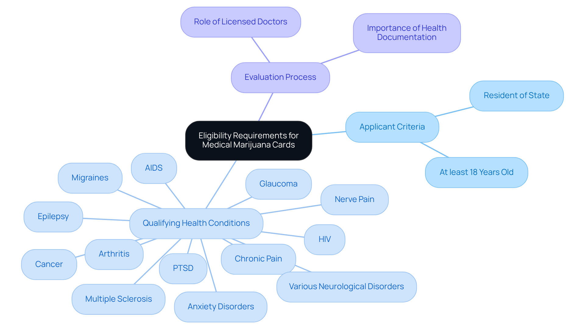 The center shows the main topic. Each branch represents critical areas of eligibility: criteria for applicants, conditions that qualify, and the evaluation process by healthcare professionals. Follow the branches to see all the related details.