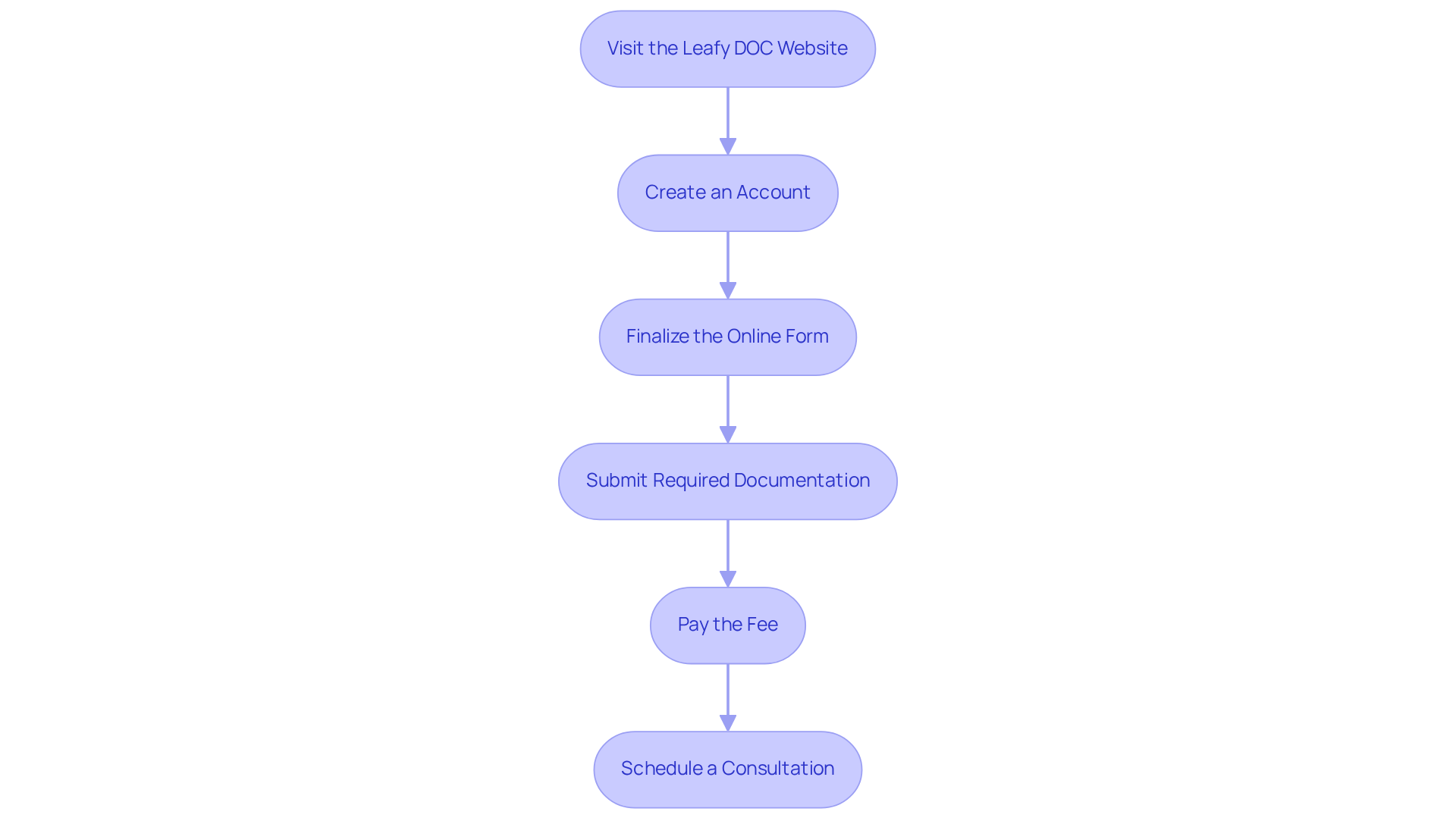 Each box represents a step in the application process. Follow the arrows from the top to the bottom to see the order in which you should complete each action for a successful application.