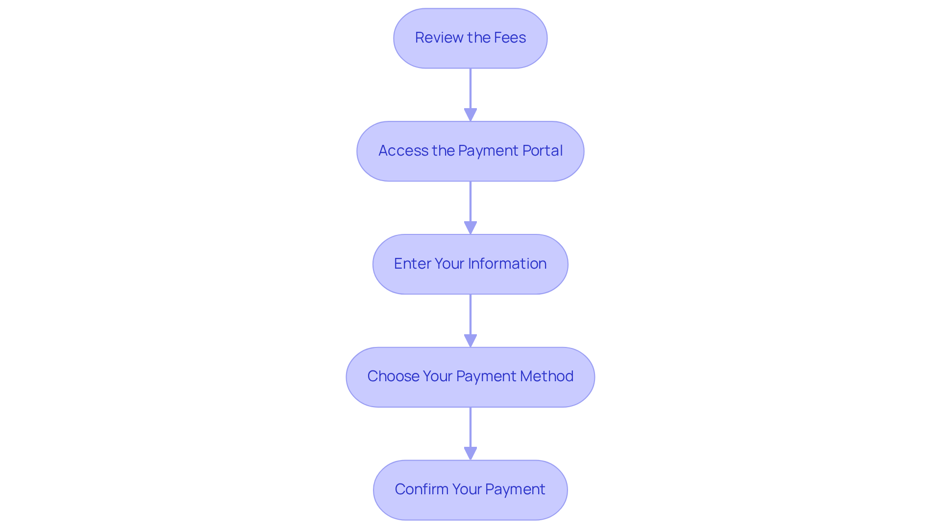 Each box represents a step in the payment process. Follow the arrows to see what you need to do next — from checking fees to confirming your payment. Each box represents a step in the payment process. Follow the arrows to see what you need to do next — from checking fees to confirming your payment.