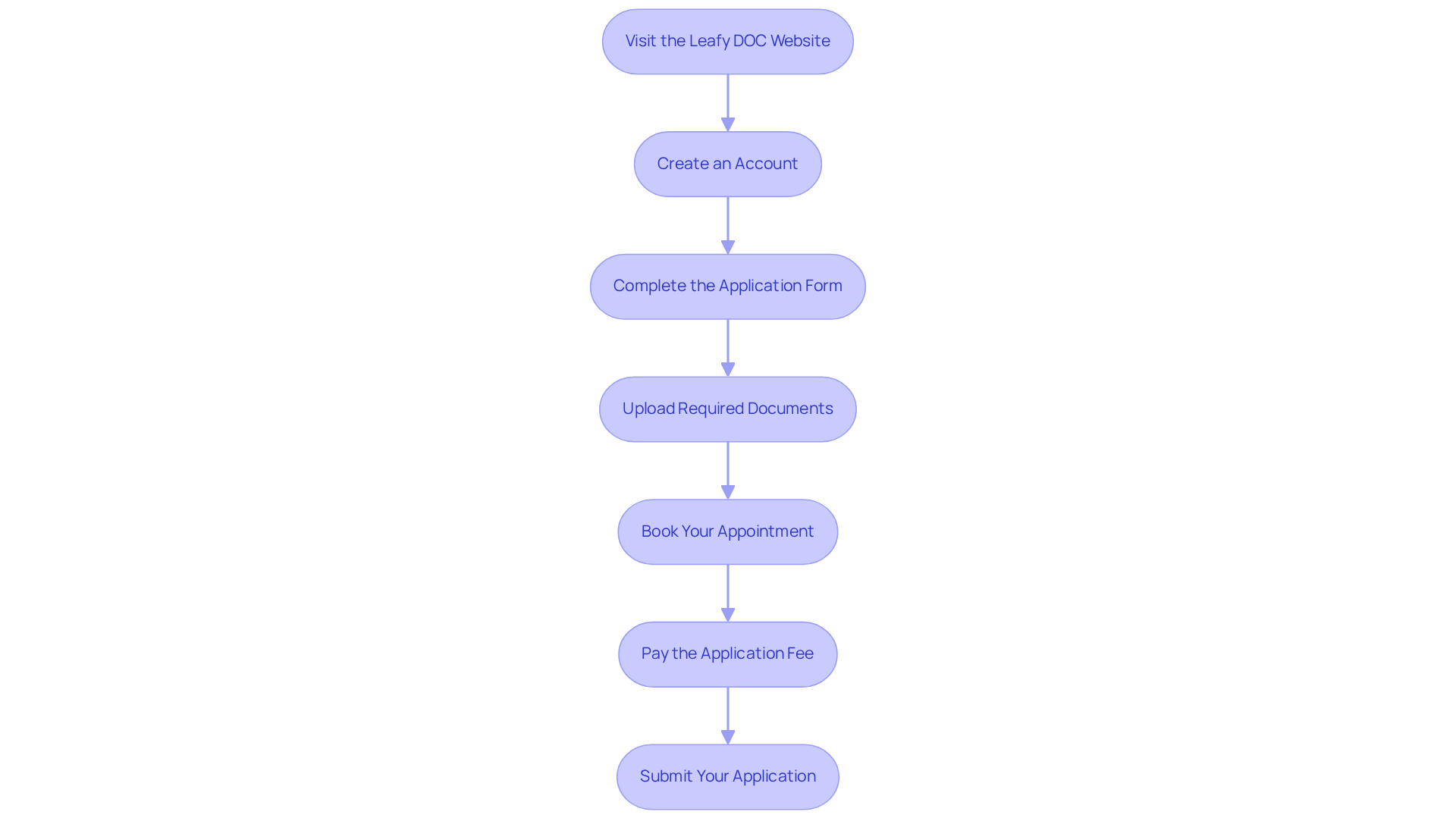 Each box represents a step in the application journey — follow the arrows to navigate through the process, from starting at the website to submitting your application.