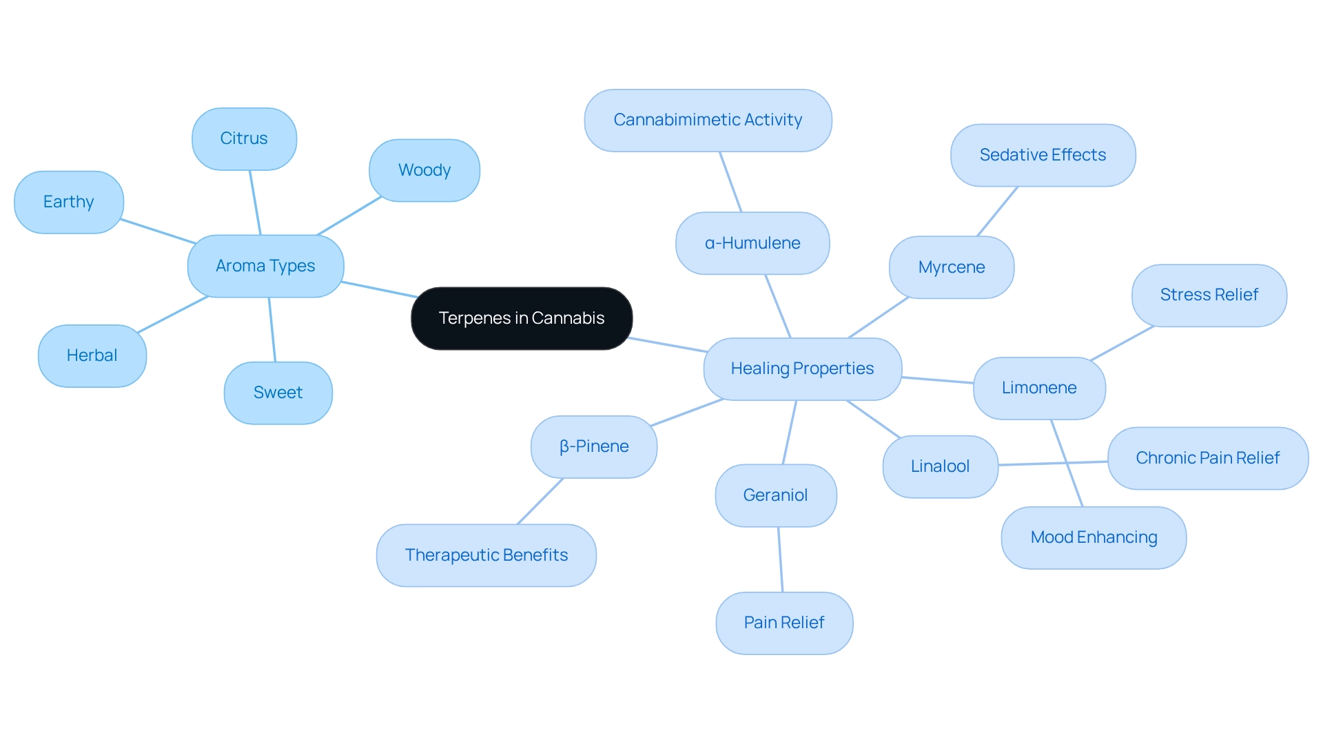 The central node represents the main topic, while the branches show different aroma types and healing properties of specific terpenes. Each color-coded section helps to differentiate between the categories, making it easier to explore their relationships and benefits. The central node represents the main topic, while the branches show different aroma types and healing properties of specific terpenes. Each color-coded section helps to differentiate between the categories, making it easier to explore their relationships and benefits.
