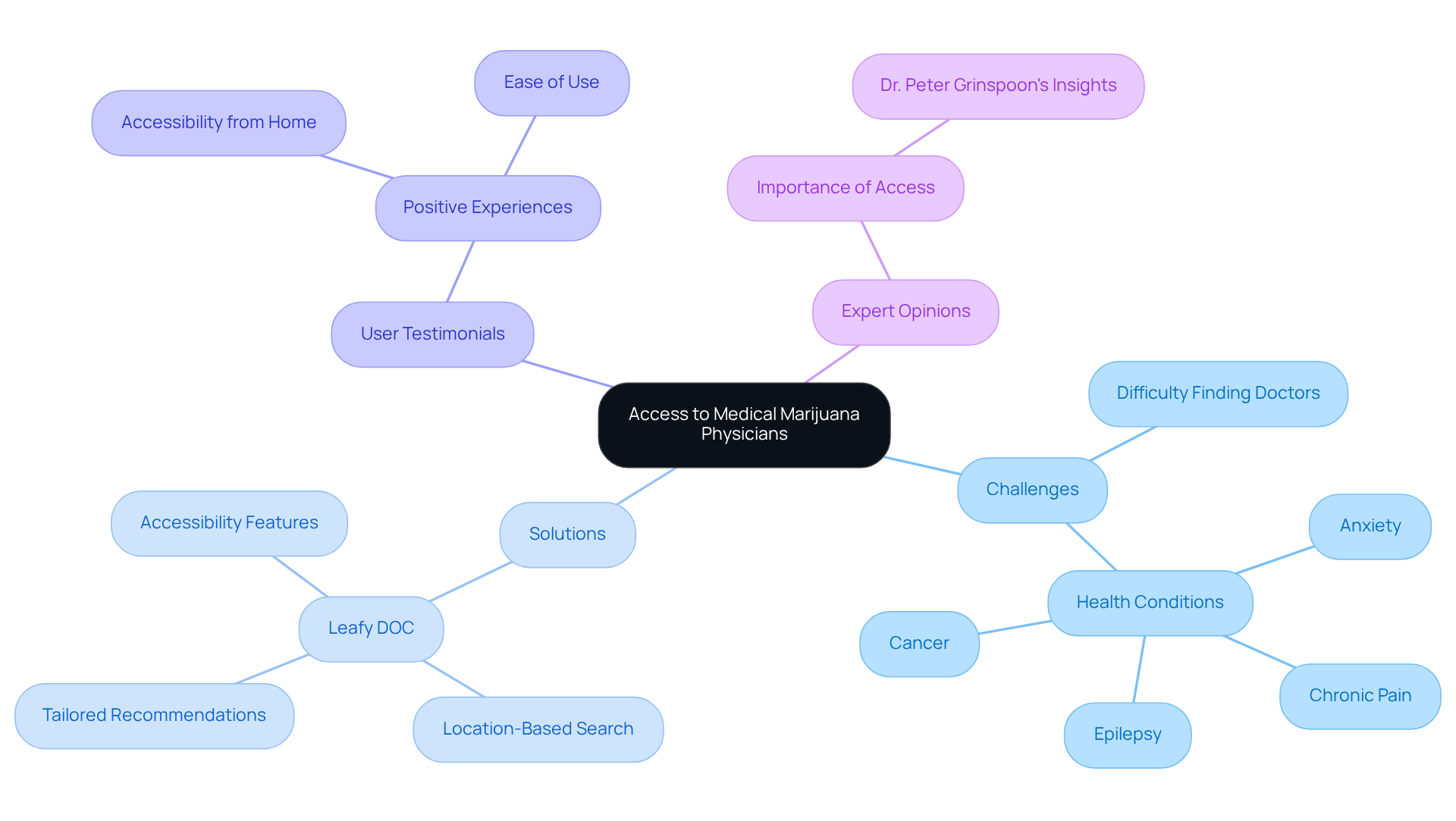 The central node represents the main topic, while branches illustrate related ideas and supporting details. Each color-coded branch helps you see the connections among challenges, solutions, and experiences in the context of accessing healthcare.