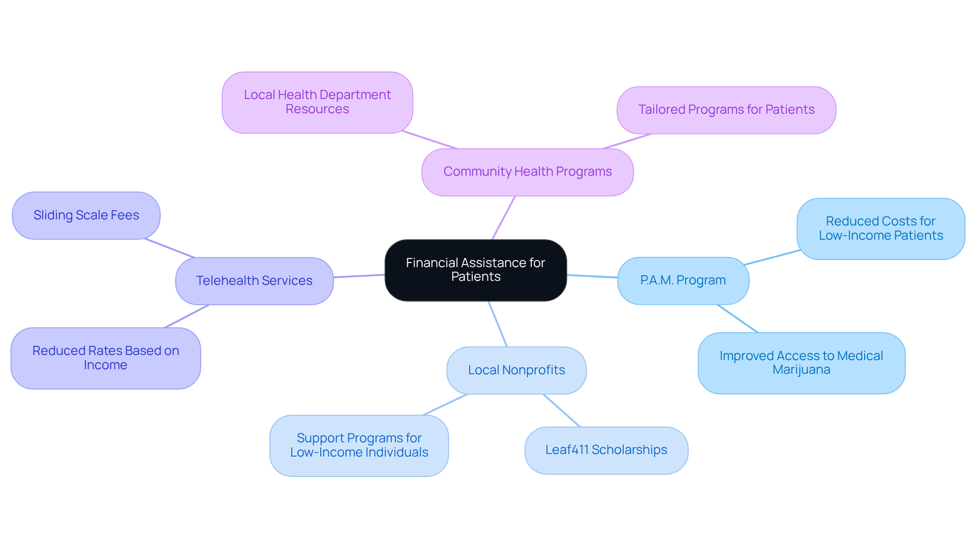 The central node represents the main theme of financial assistance, while the branches show different resources available. Each branch highlights specific programs that offer support, showing how they contribute to helping patients manage their costs.