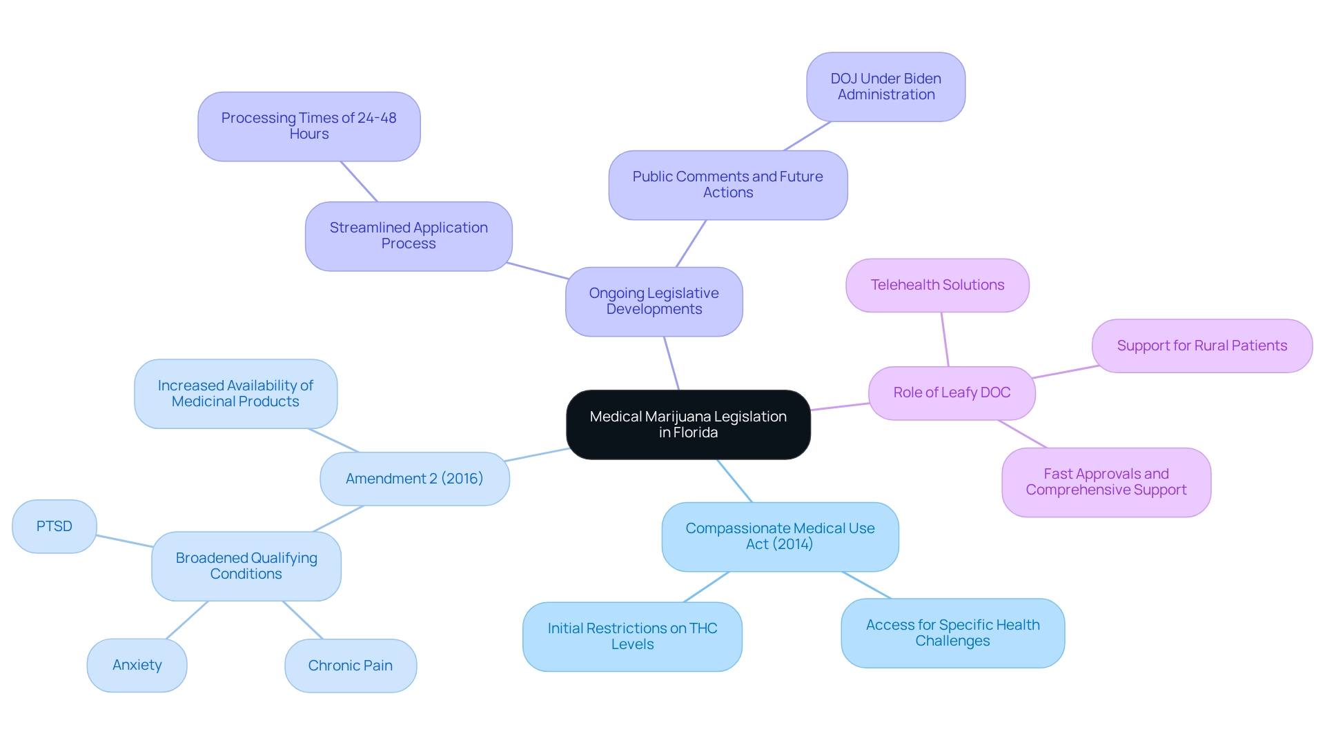The central node represents the overall legislation, with branches for key laws and their impacts, color-coded by theme.