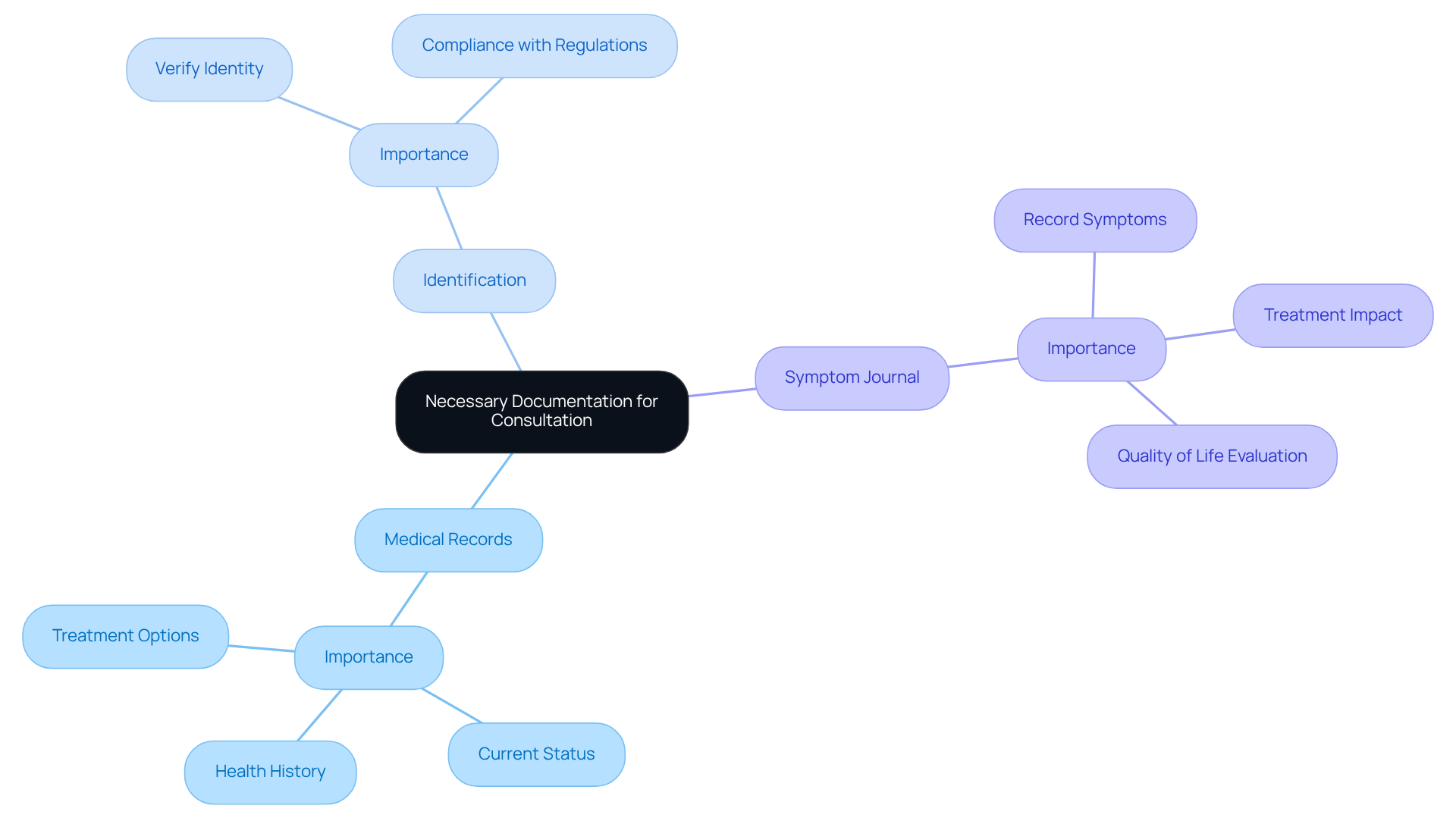 The center node represents the overall goal of gathering necessary documents. Each branch showcases a specific document type, with additional details on how they contribute to a productive consultation. The center node represents the overall goal of gathering necessary documents. Each branch showcases a specific document type, with additional details on how they contribute to a productive consultation.