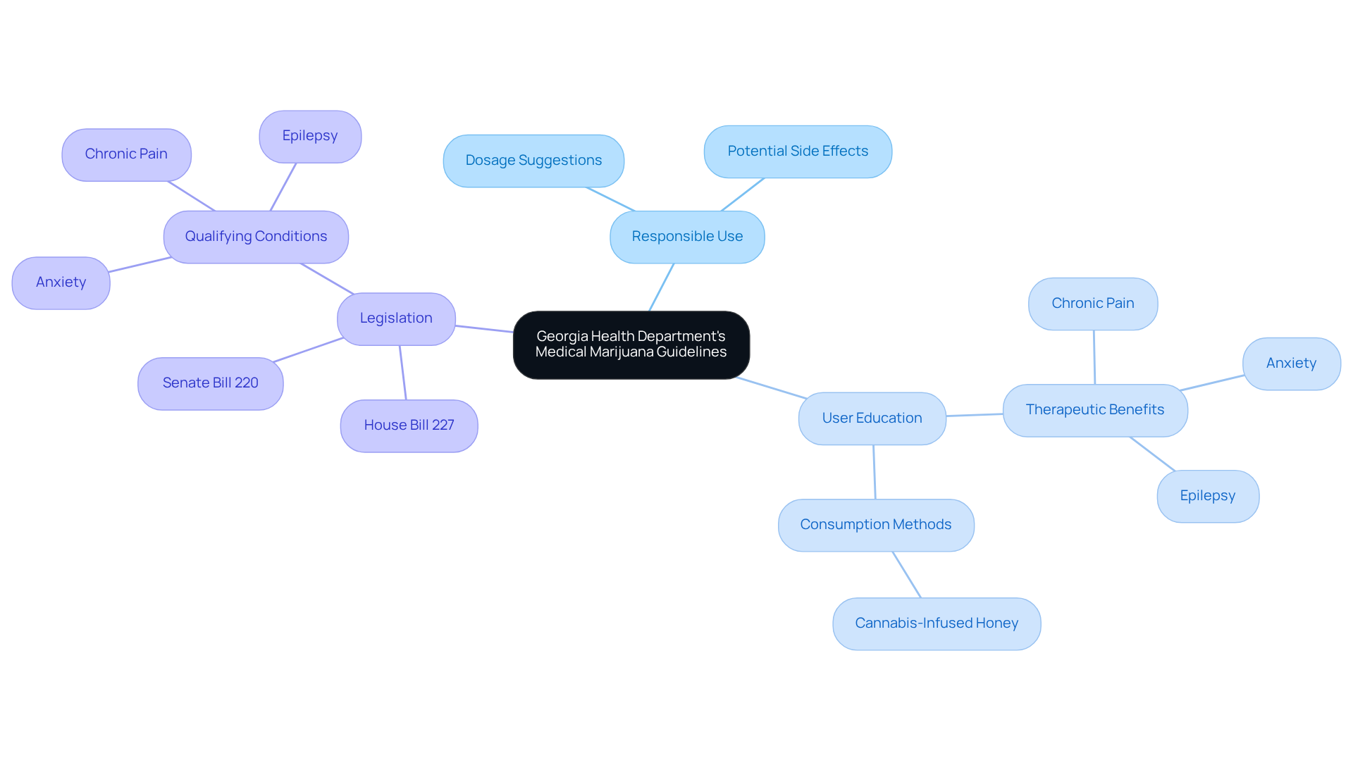 This mindmap starts with the main topic in the center and branches out to show related areas of interest. Each branch represents a critical aspect of the guidelines, and sub-branches provide deeper insights into responsible use, education, and legislation.