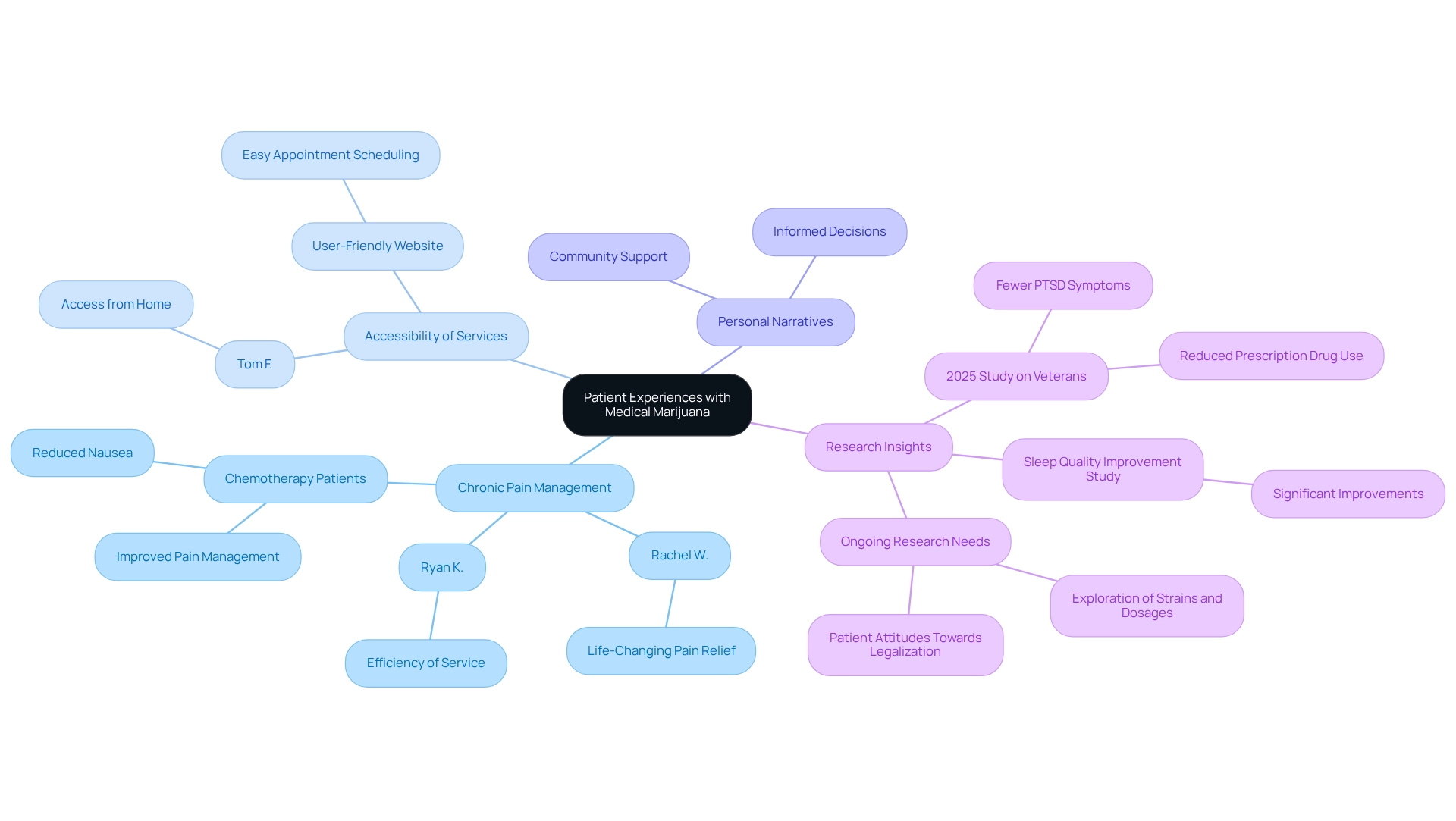 The central node represents overall patient experiences, with branches showing themes such as chronic pain management, accessibility, personal narratives, and research insights.