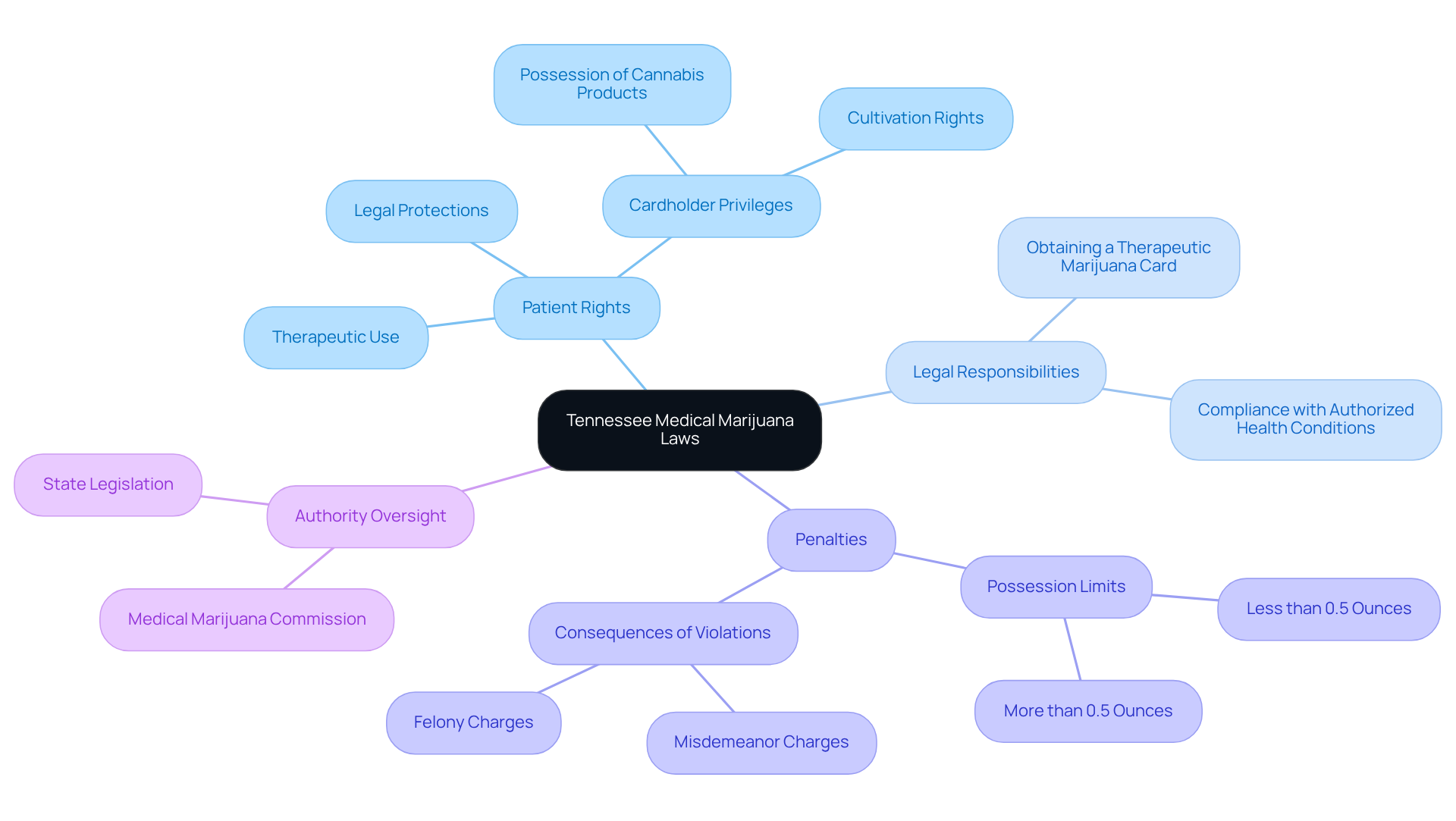 The central node represents the overarching theme of medical marijuana laws in Tennessee. Each branch captures a key aspect, helping you understand your rights and responsibilities as a patient while navigating these laws.