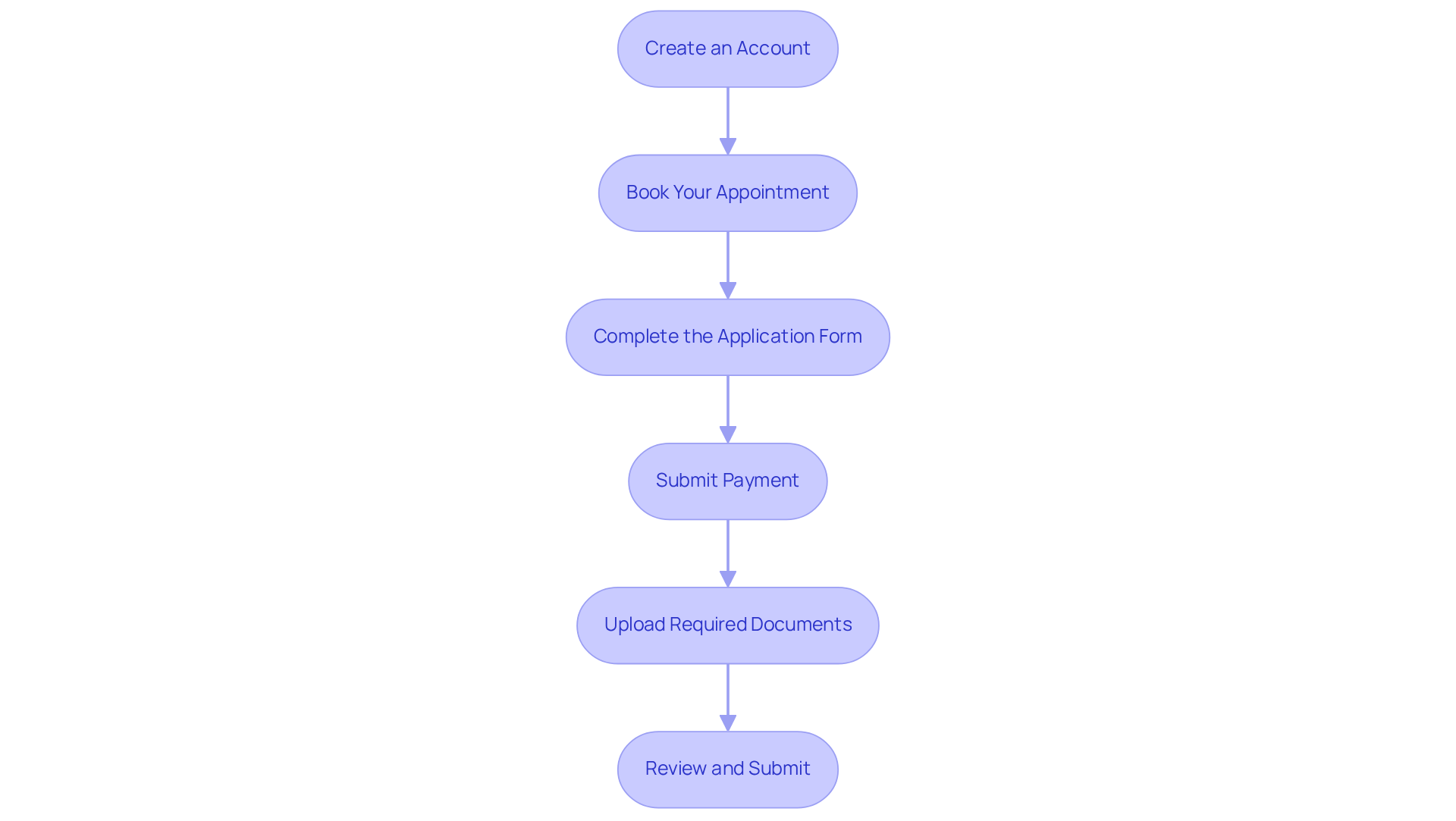 Each box represents a step in the application process — follow the arrows to understand how to move from one action to the next until you complete your application.