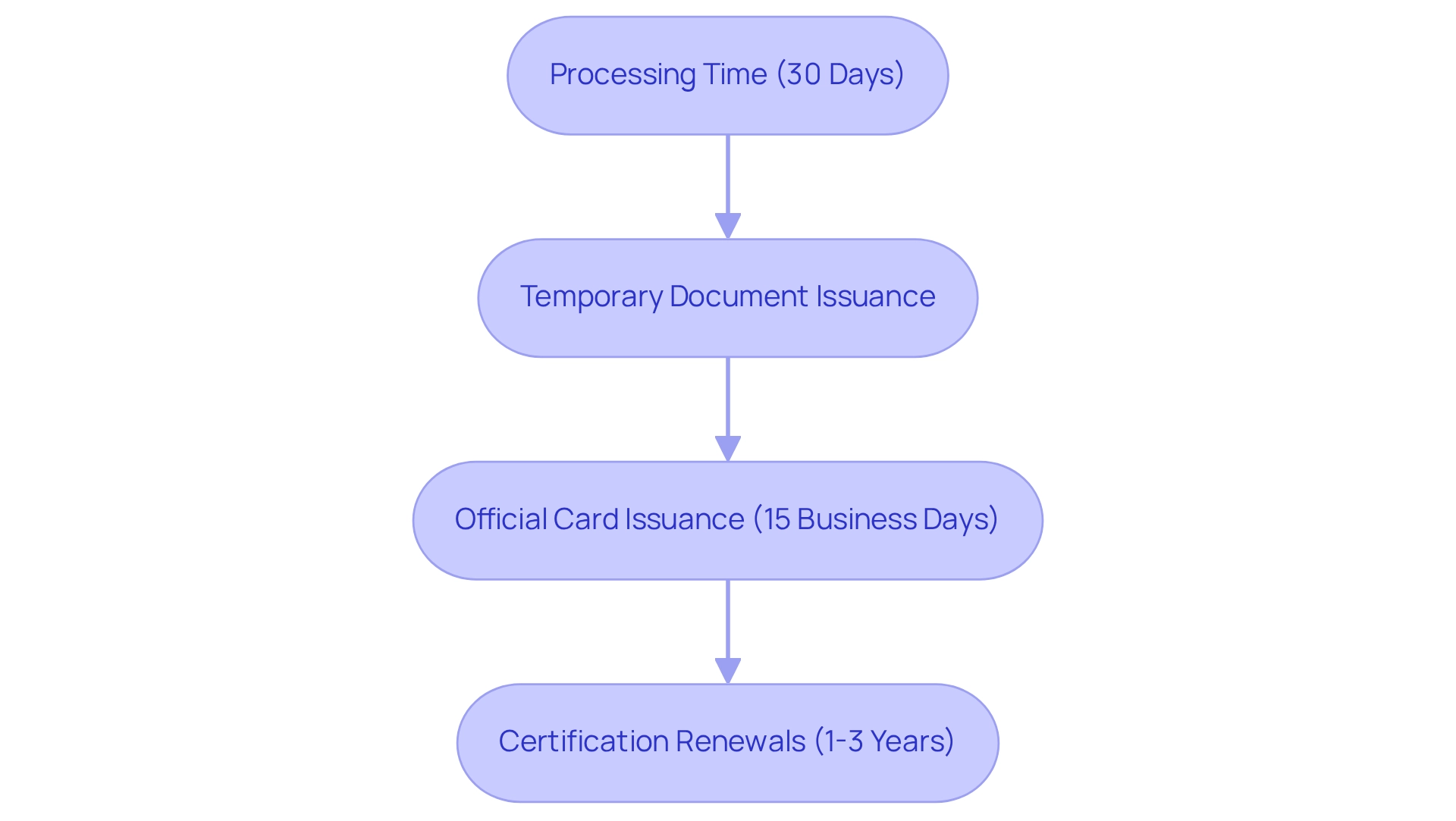 Each box represents a step in the application process, with arrows indicating the sequence. Colors help differentiate each stage: blue for processing, green for temporary document, yellow for official card, and orange for renewals.