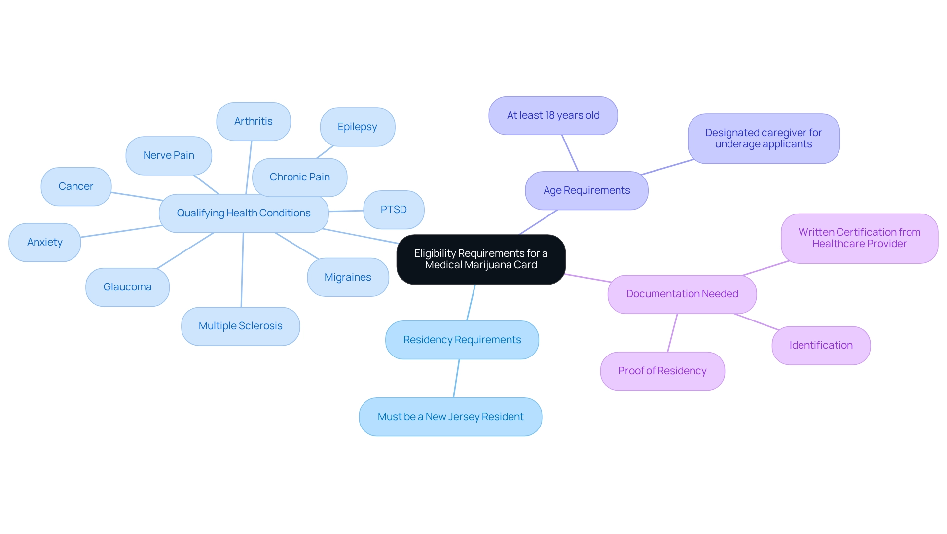 The central node represents the main concept, with branches indicating residency, health conditions, age, and documentation needed.