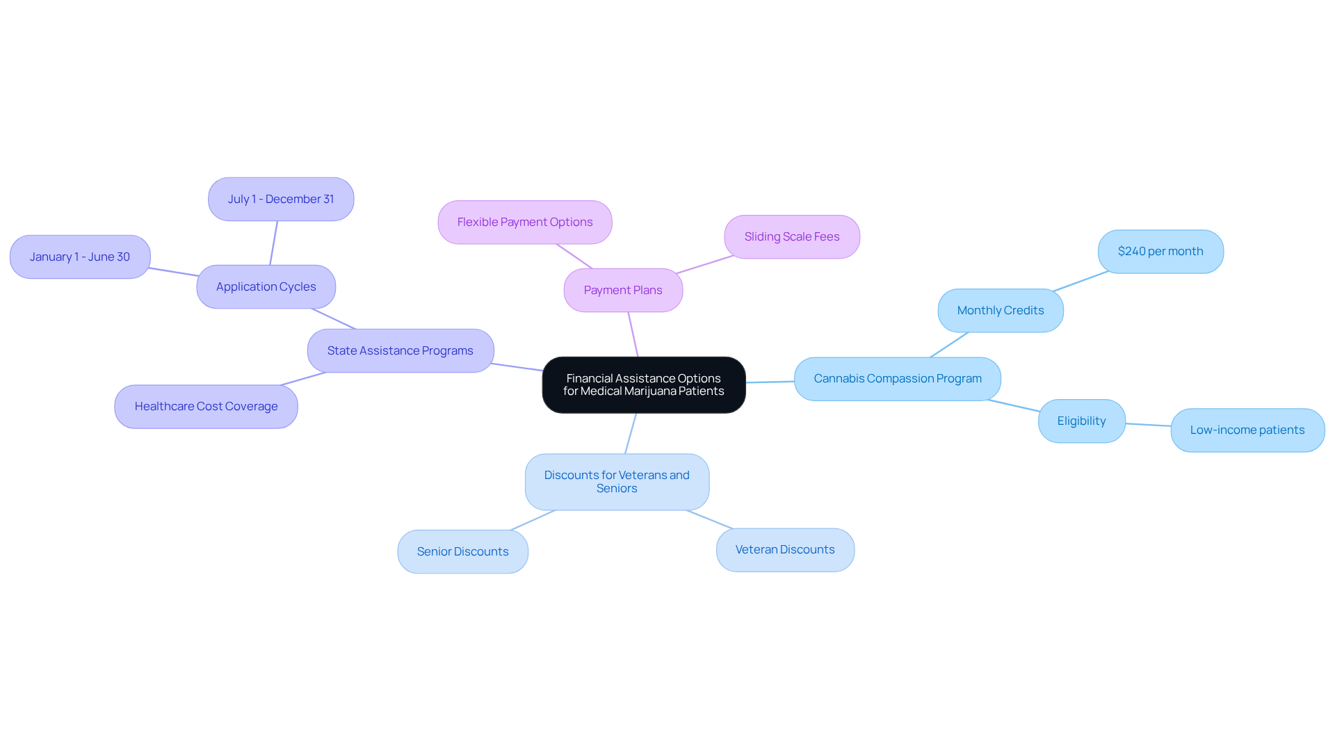 The center shows the main topic, and branches lead to various support options. Each option provides a unique way to alleviate financial burdens for patients — look for details on how each program can help.
