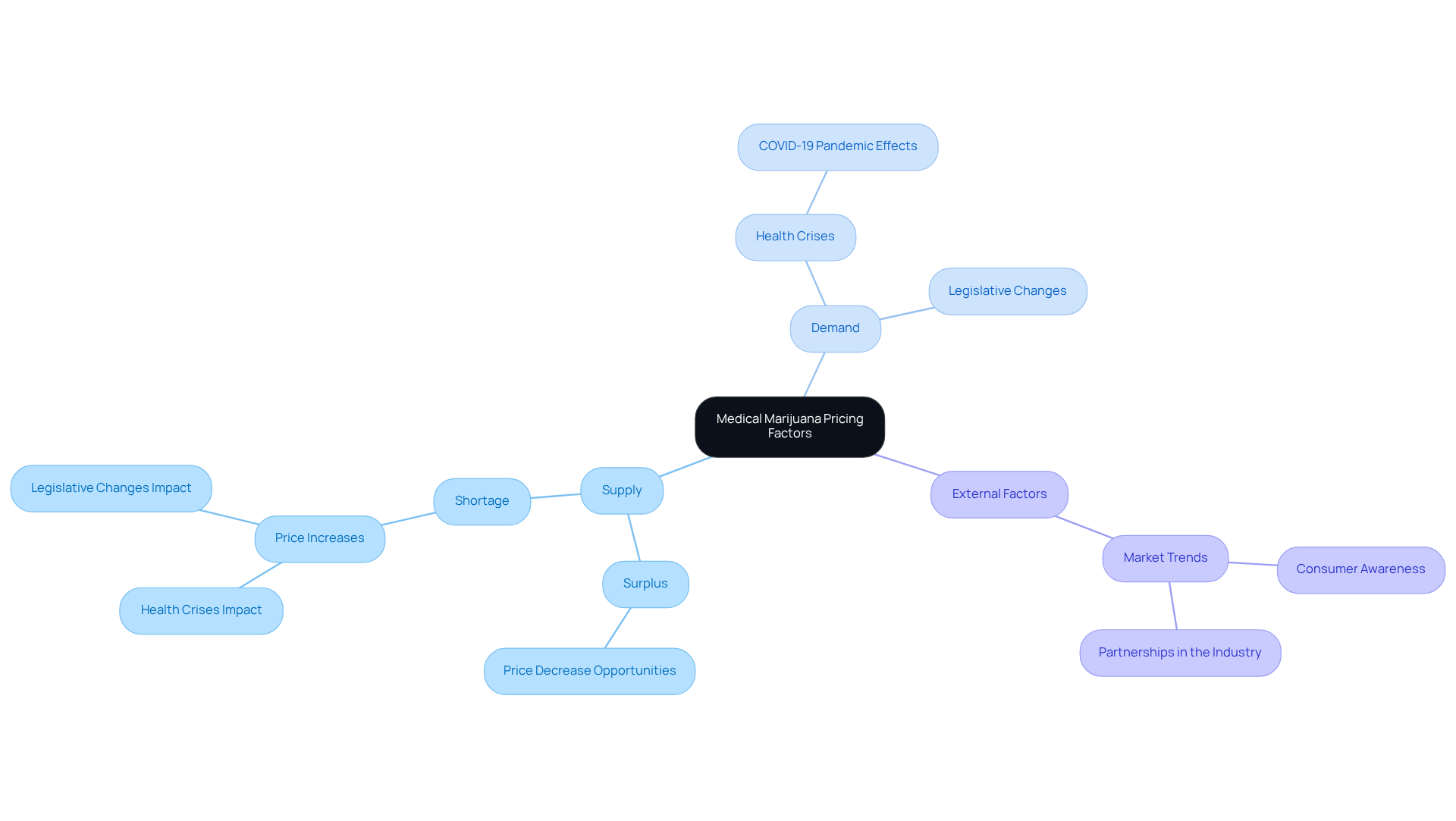 The central idea shows how supply and demand affect prices. Follow the branches to see how different factors influence costs and how patients can save money by being aware of these trends.