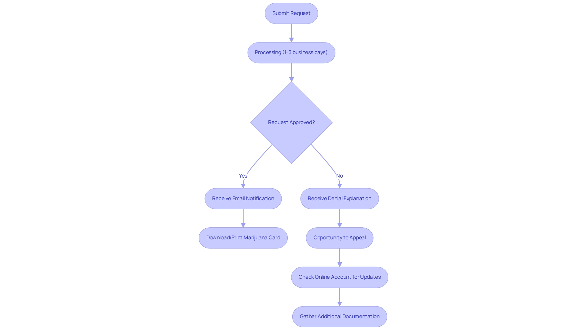 Follow the arrows to see each step in the approval process — from submission to either approval or denial, and what to do next in each case.
